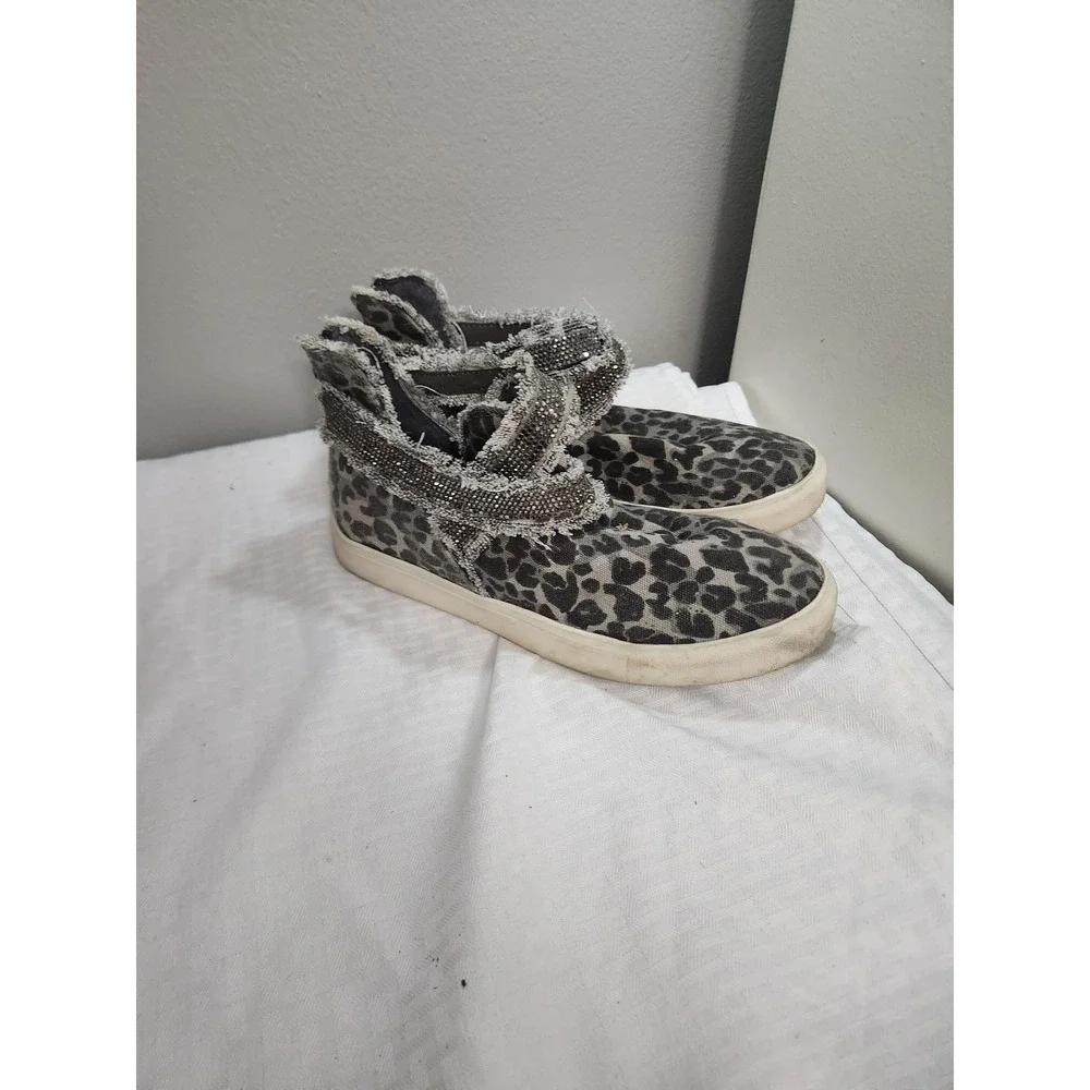 Very G Leopard Print High Top Sneakers Rhinestone Straps Grey Black Womens 8.5